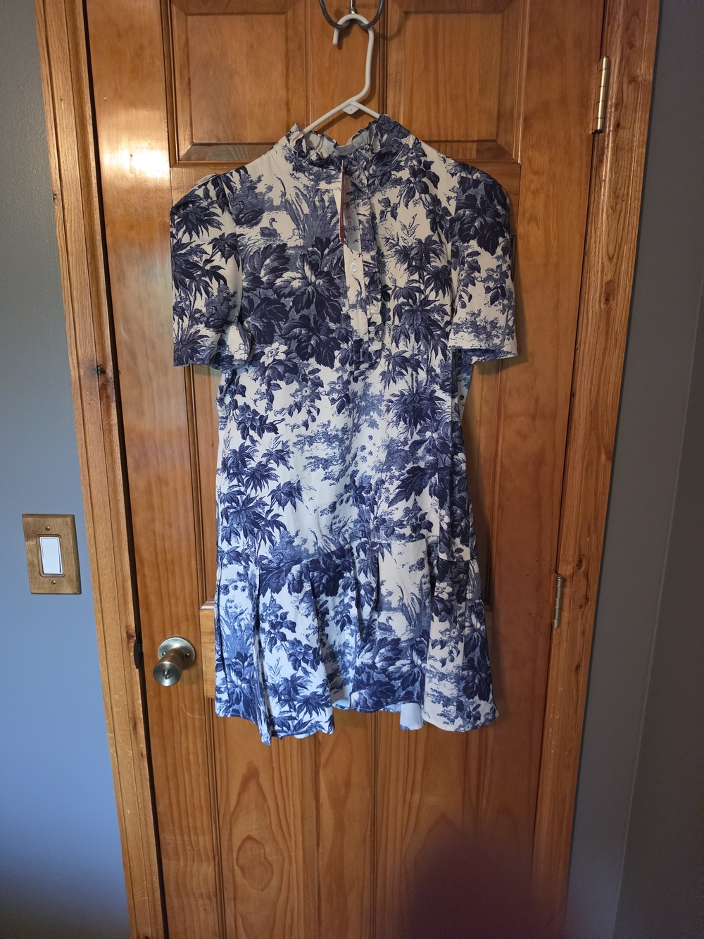 Blue & White Floral Print Mini Dress with High Neck